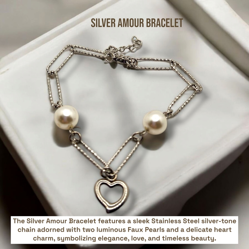 Stainless Steel chain Faux Pearl Heart charm bracelet